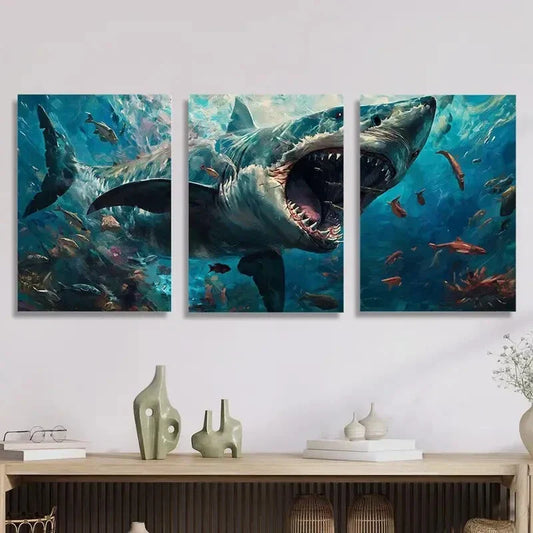3pcs Great White Shark Ink Animal Metal Print Ready to Hang Art
