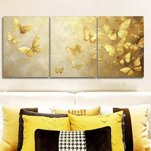3pcs Butterfly oil painting in gold leaf Wall Art Set Canvas Framed 40x60cm - High Quality Print 100% Australian Made Wall Canvas Ready to Hang