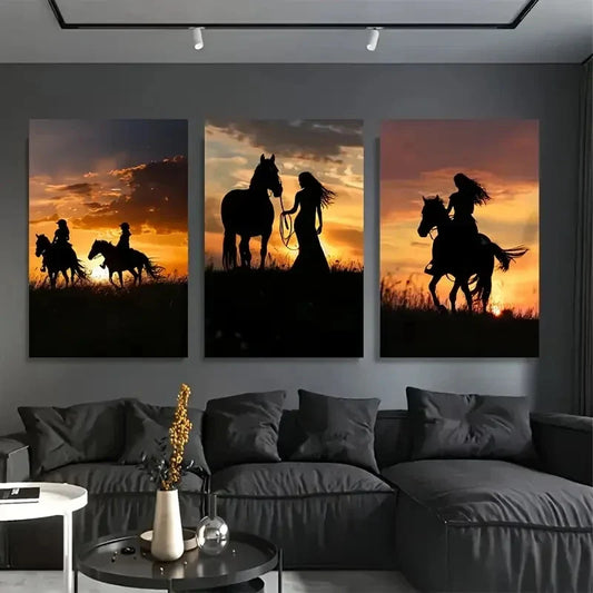 3pcs Sunset Horse Silhouette Metal Print Ready to Hang Art