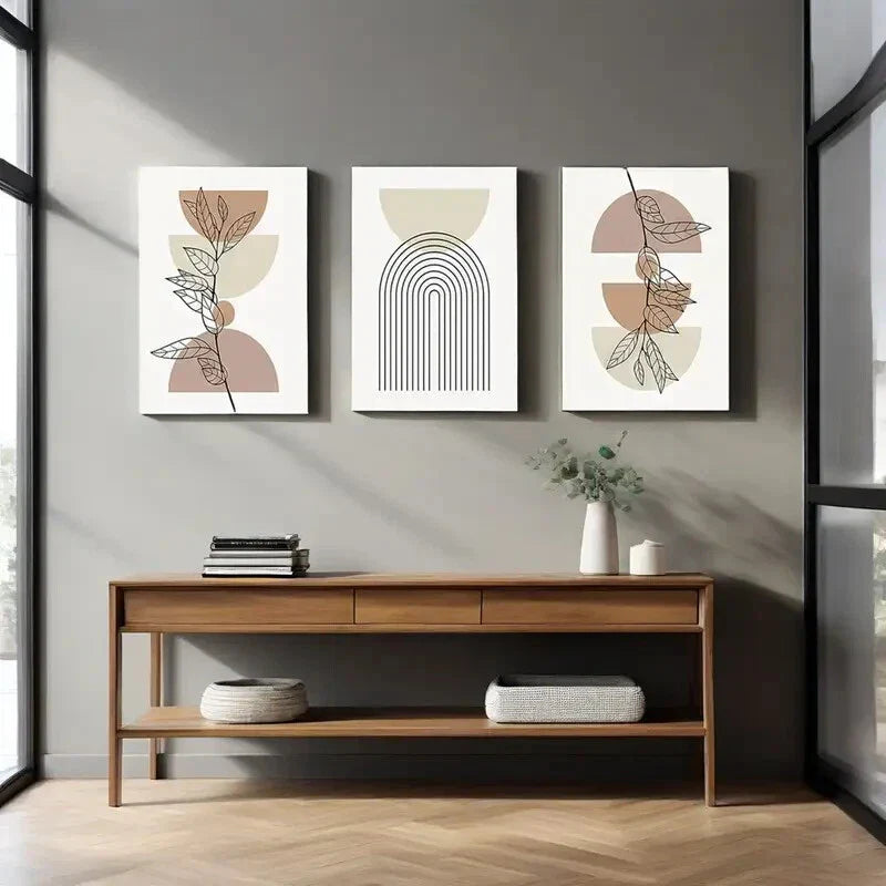 3pcs Abstract Geometric Line Leaf Beige Botanical Metal Print Ready to Hang Art