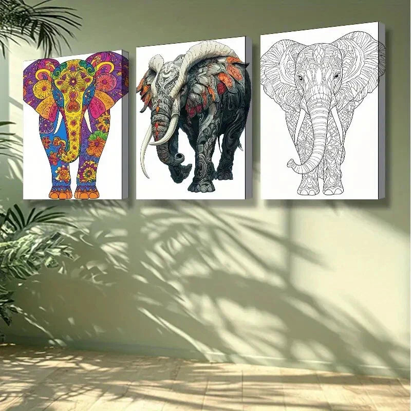 3pcs Stylized elephant Animal Wall Art Set Canvas Framed 40x60cm -High Quality Print 100% Australian Made Wall Canvas Ready to Hang