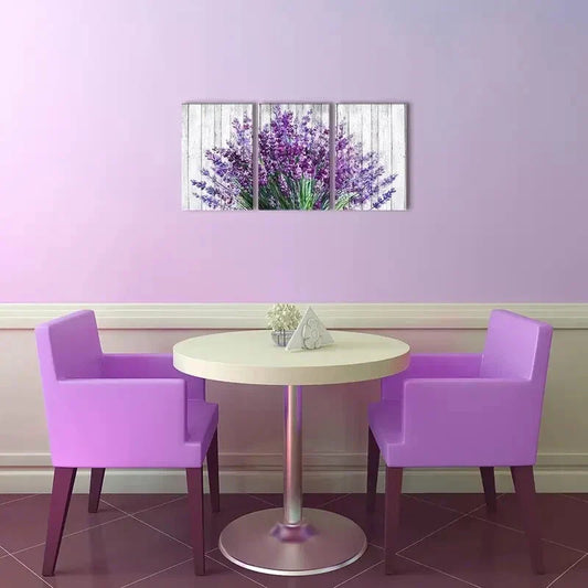 3pcs Vibrant Purple Vintage Wooden Flower Metal Print Ready to Hang Art