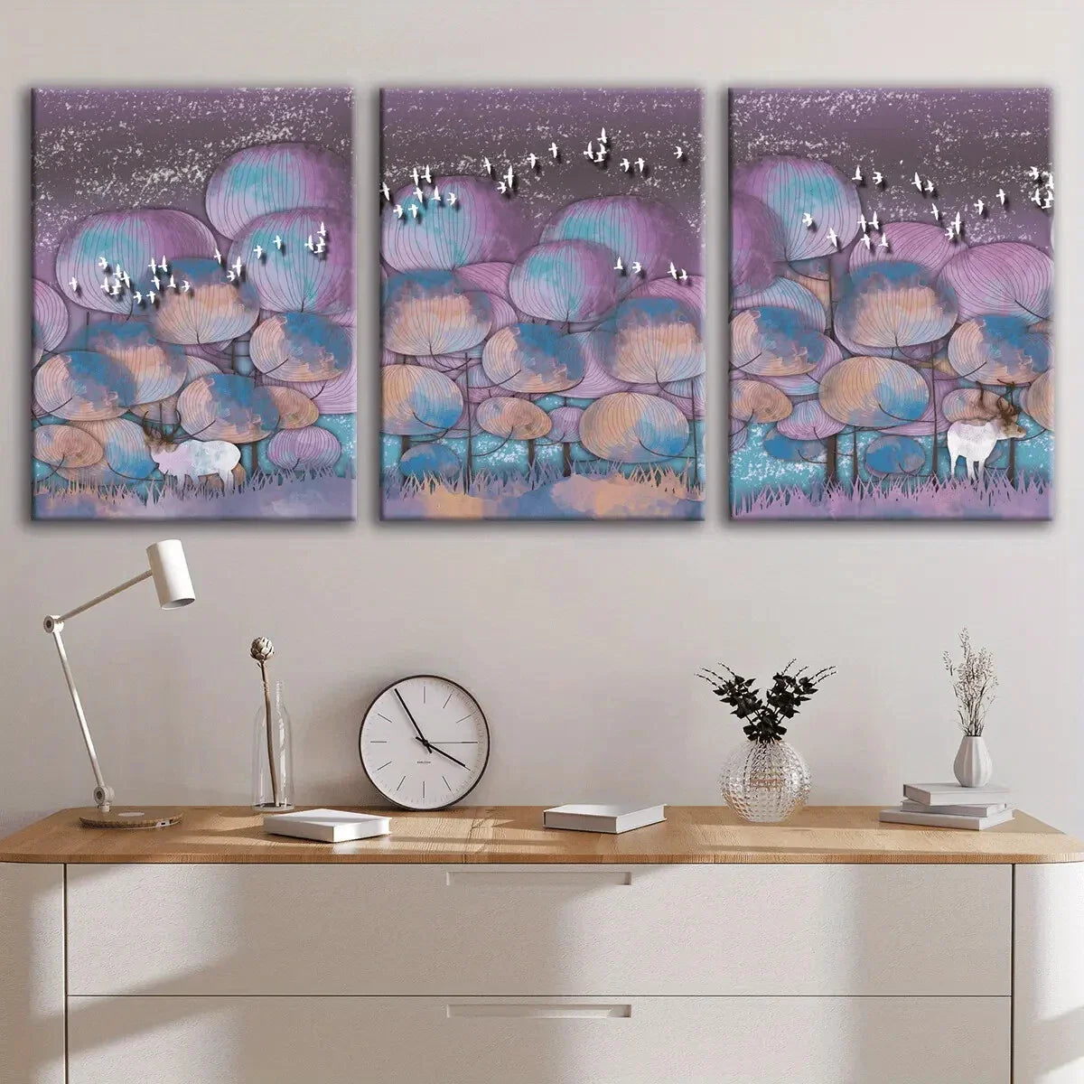 3pcs Abstract Purple Dreamy Forest Elk Metal Print Ready to Hang Art
