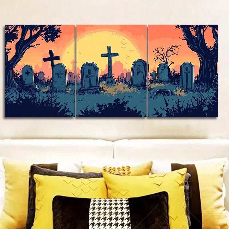 3pcs Featuring a Ghostly Graveyard Theme Metal Print Ready to Hang Art