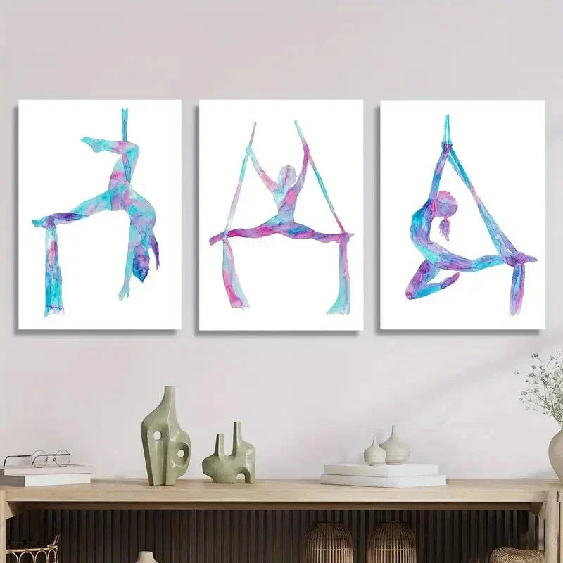 3pcs Aerial lady silk art silk yoga silhouette Metal Print Ready to Hang Art