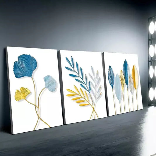 3pcs Blue and Golden leaves Of Flora Canvas Framed 40x60cm - High Quality Print 100% Australian Made Wall Canvas Ready to Hang