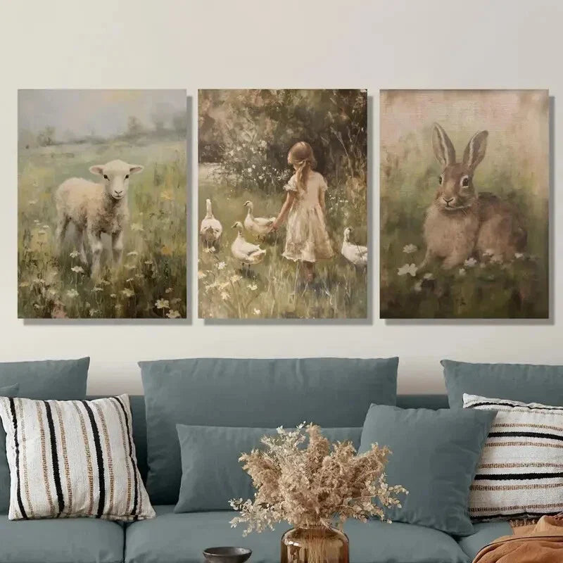 3pcs ,Cute Animal & Pastoral Scenes, Metal Print Ready to Hang Art