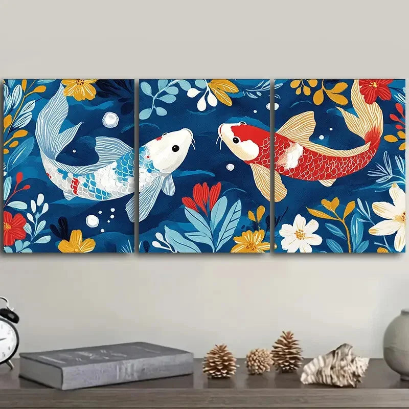 3pcs Two red and white carp In Floral Water Wall Art Set Canvas Framed 40x60cm - High Quality Print 100% Australian Made Wall Canvas Ready to Hang