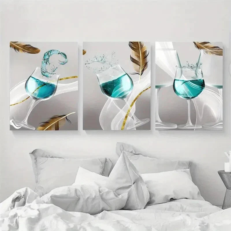 3pcs Teal Wine in Cups Metal Print Ready to Hang Art