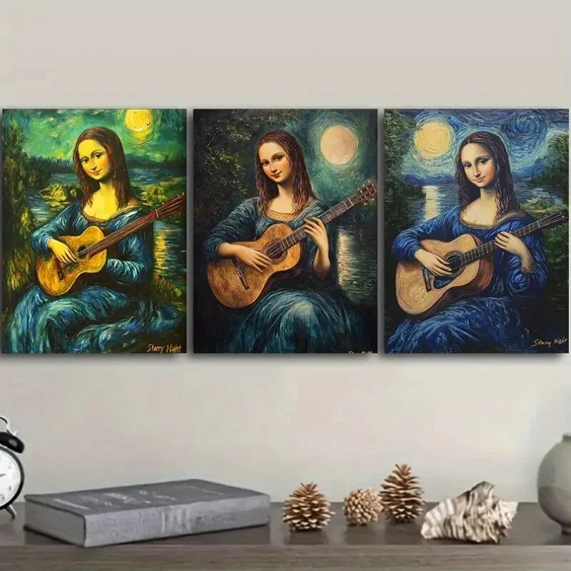 3pcs Mona Lisa Guitar Trio Wall Art Set Canvas Framed 40x60cm - High Quality Print 100% Australian Made Wall Canvas Ready to Hang