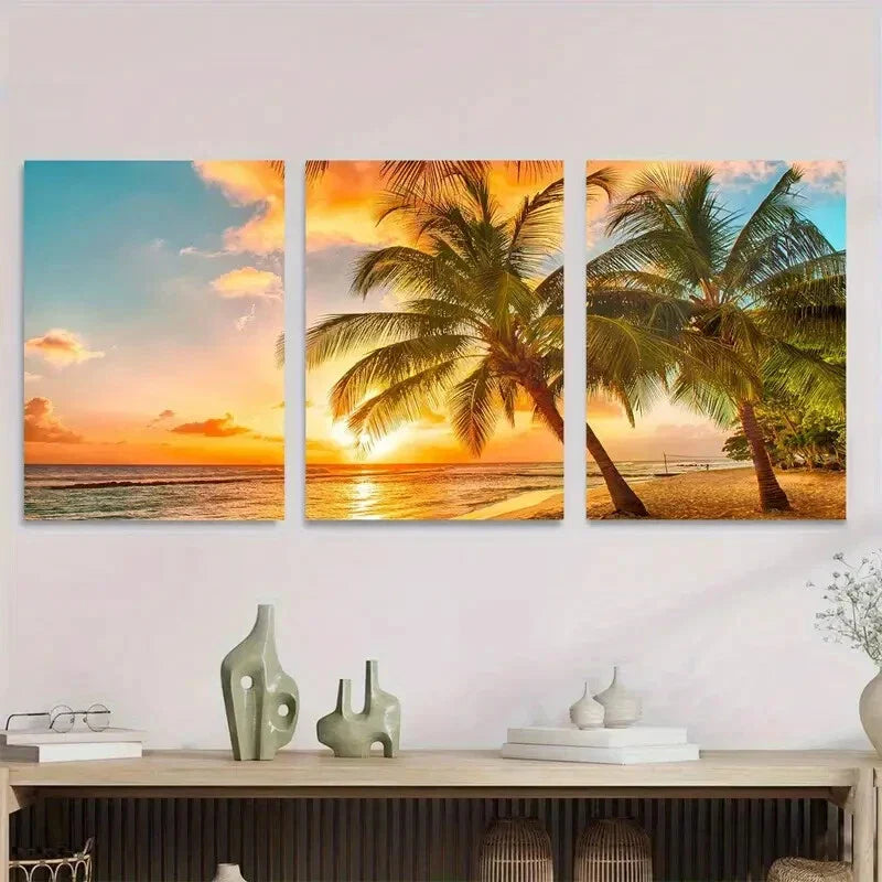 3pcs Beach Sunset Tropical Palm Tree Ocean View Metal Print Ready to Hang Art
