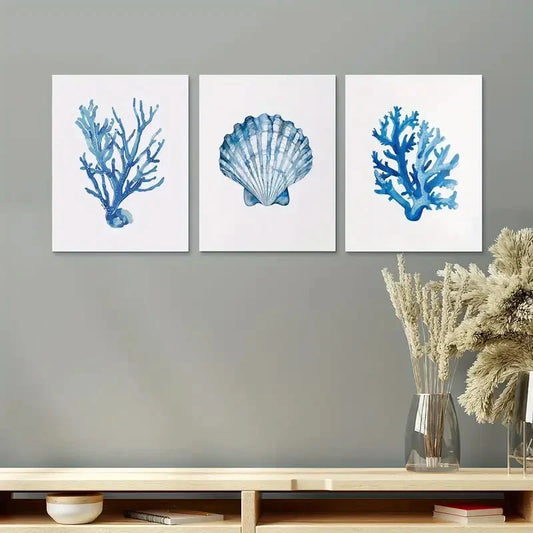 3pcs Blue Shell Navy Algae Starfish Coastal Metal Print Ready to Hang Art