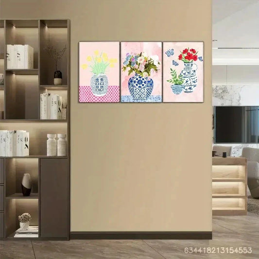 3pcs Flowers and Blue and White Porcelain Vase Metal Print Ready to Hang Art