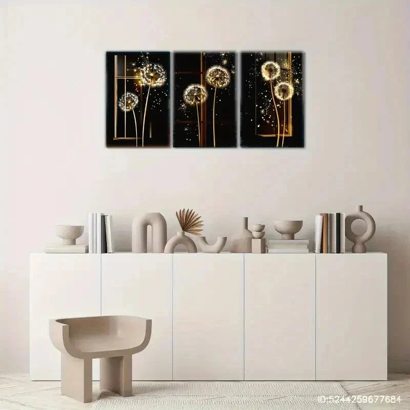 3pcs Golden Dandelions on Black Background Metal Print Ready to Hang Art