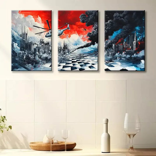 3pcs Urban helicopter Landscape Canvas Framed 40x60cm - High Quality Print 100% Australian Made Wall Canvas Ready to Hang