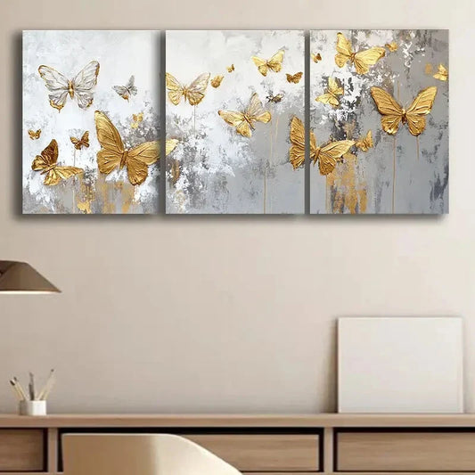 3pcs Golden Butterflies Luxurious Fabric Metal Print Ready to Hang Art