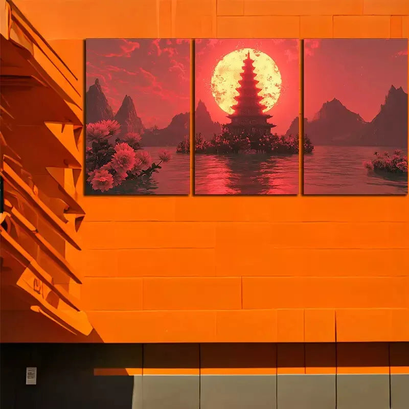3pcs Pagoda and Moon Canvas Framed 40x60cm - High Quality Print 100% Australian Made Wall Canvas Ready to Hang