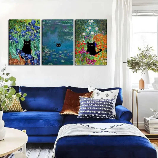 3pcs Funny Cat in Water Lilies Garden Flowers Metal Print Ready to Hang Art