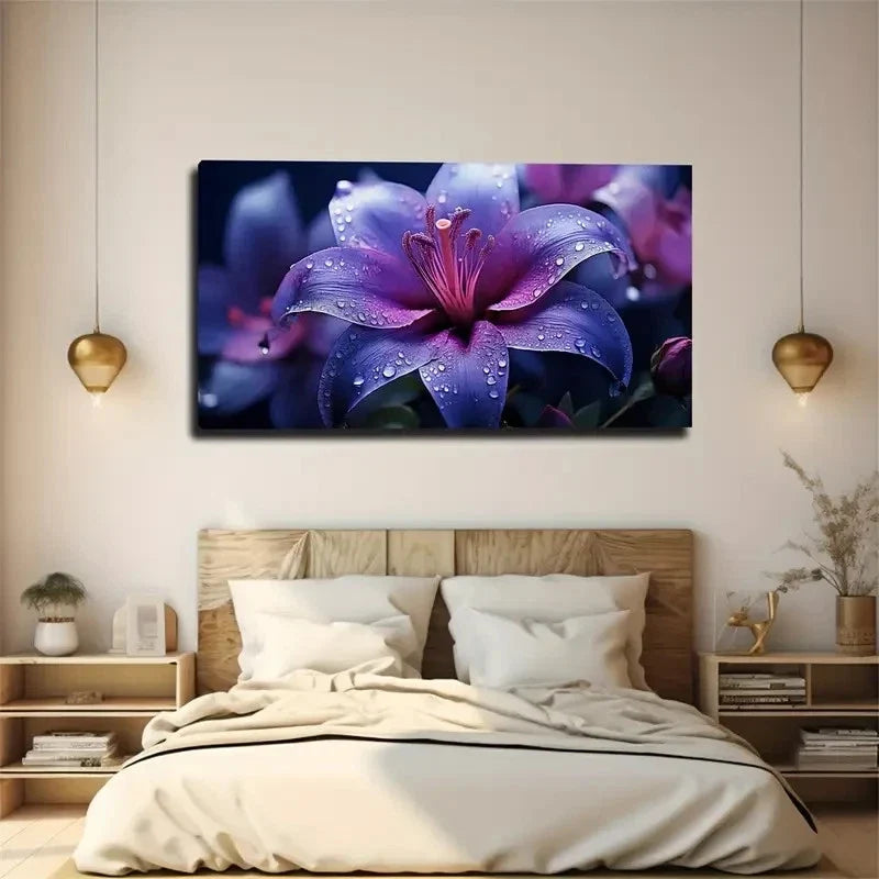 Vibrant Blue-Purple Lily Wall Art Canvas Office Home Room Framed 80x45cm