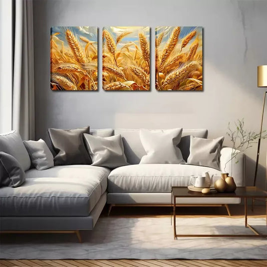 3pcs Yellow Wheat Fields Wall Art Set Canvas Framed 40x60cm - High Quality Print 100% Australian Made Wall Canvas Ready to Hang