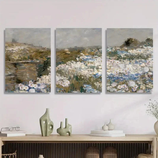 3pcs vintage grassland painting, retro rural, Metal Print Ready to Hang Art