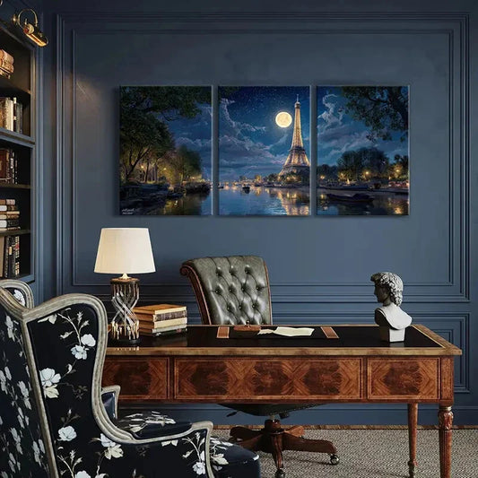 3pcs Romantic Eiffel Tower Paris Night Full Moon Metal Print Ready to Hang Art