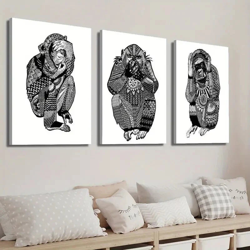 3pcs Three Little Wise Monkeys Wall Art Set Canvas Framed 40x60cm - High Quality Print 100% Australian Made Wall Canvas Ready to Hang