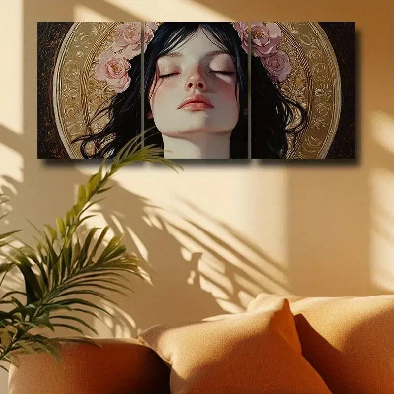 3pcs Pretty woman with Pink Floral Headdress Metal Print Ready to Hang Art