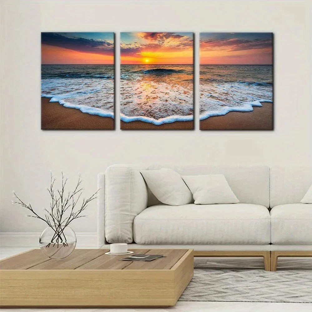 3pcs Sunrise Ocean Waves Scenery Beach Metal Print Ready to Hang Art