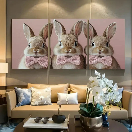3pcs Cute Fluffy Rabbit Pink Bow Metal Print Ready to Hang Art
