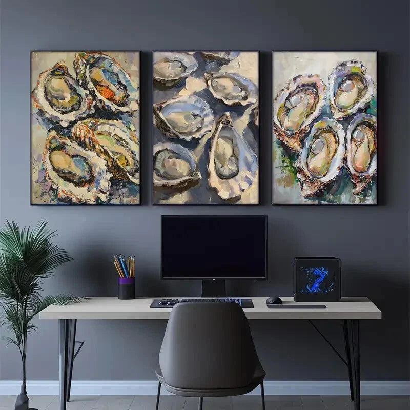 3pcs Artistic Accent Featuring Oyster Abstract Metal Print Ready to Hang Art