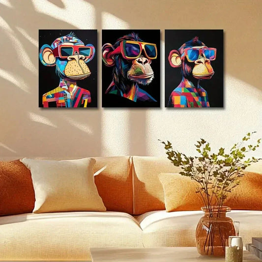 3pcs Fashion Glasses Monkey Print Ready to Hang Art