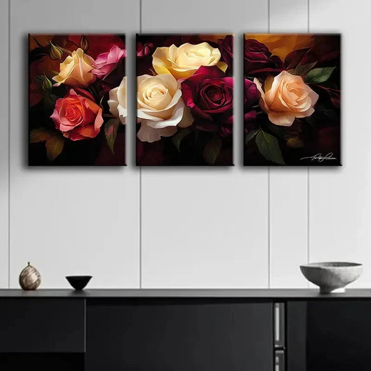 3pcs Roses of Different Colors Floral Perfect Wall Art Set Canvas Framed 40x60cm - High Quality Print 100% Australian Made Wall Canvas Ready to Hang