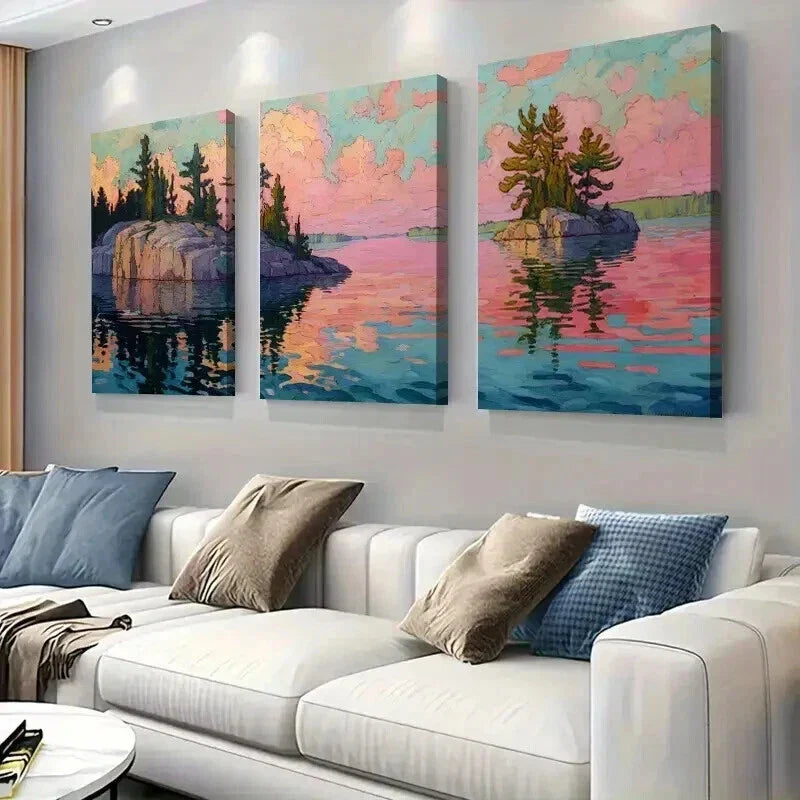 3pcs Serene Lakeside Rocks and Trees Wall Art Set Canvas Framed 40x60cm - High Quality Print 100% Australian Made Wall Canvas Ready to Hang