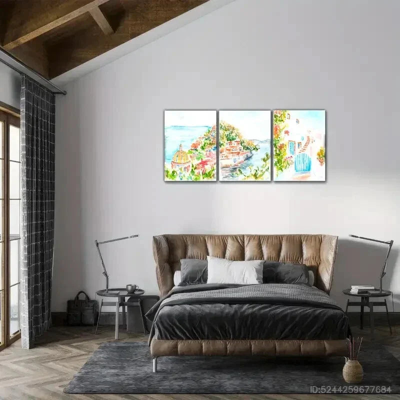 3pcs Watercolor Style Seaside Landscape Art Metal Print Ready to Hang Art