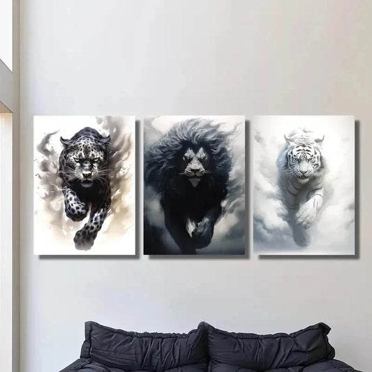 3pcs Black Cheetah, Lion & White Tiger Metal Print Ready to Hang Art