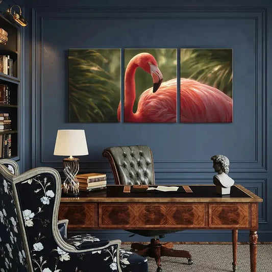 3pcs Artistic Flamingo Feather Tropical PalmDetail Metal Print Ready to Hang Art