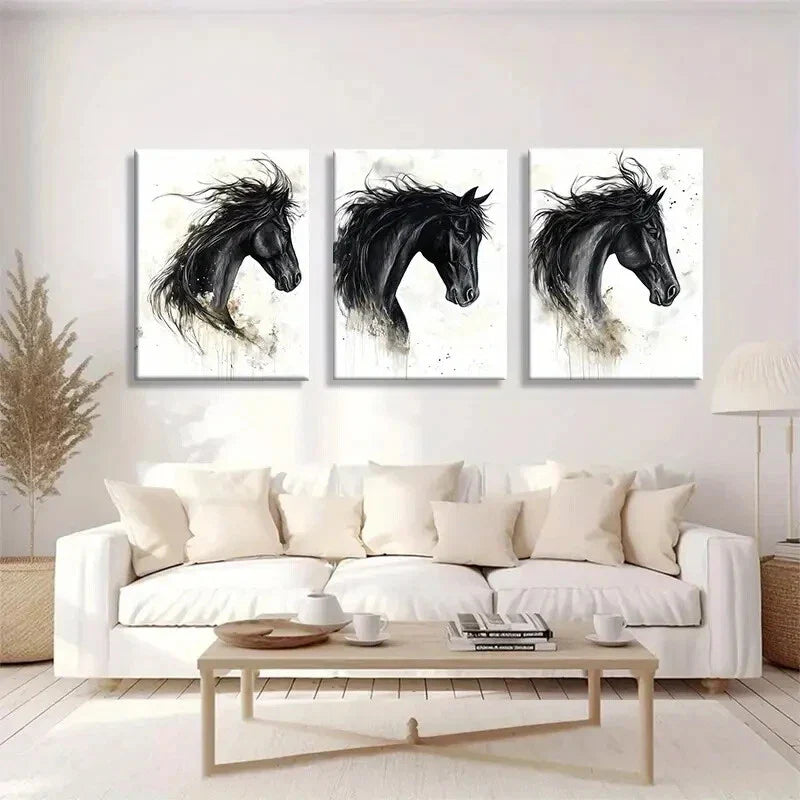 3pcs Black Horse Portrait Canvas Painting Metal Print Ready to Hang Art