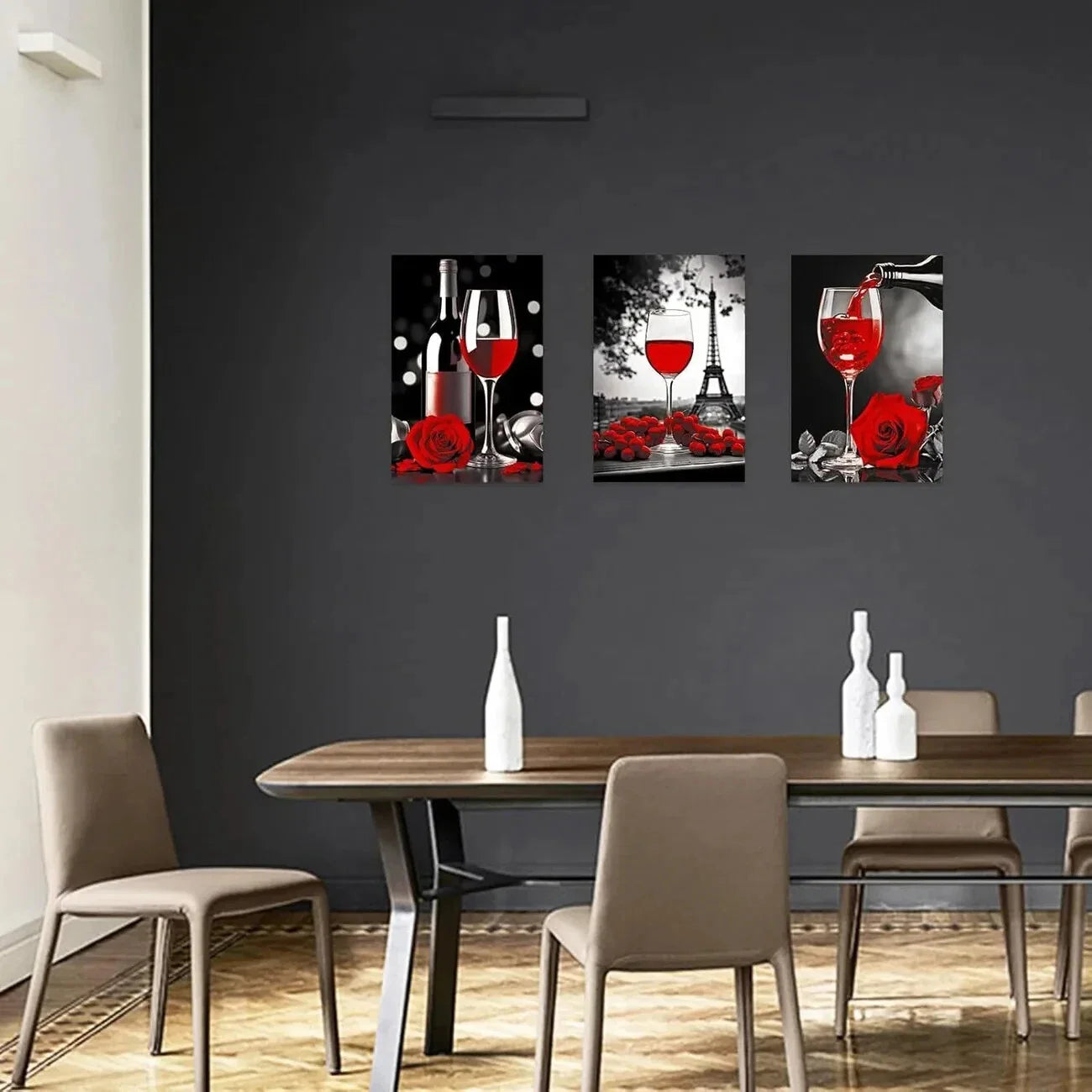 3pcs Black and White with Red Wine Glass Metal Print Ready to Hang Art