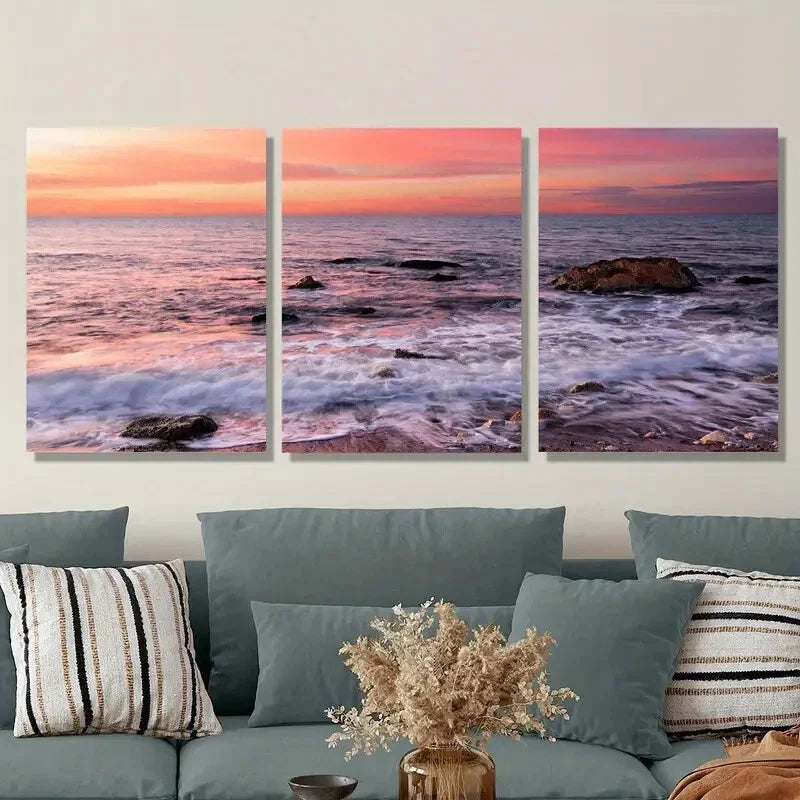 3pcs Sunset And Colorful Glow on The Sea, Metal Print Ready to Hang Art