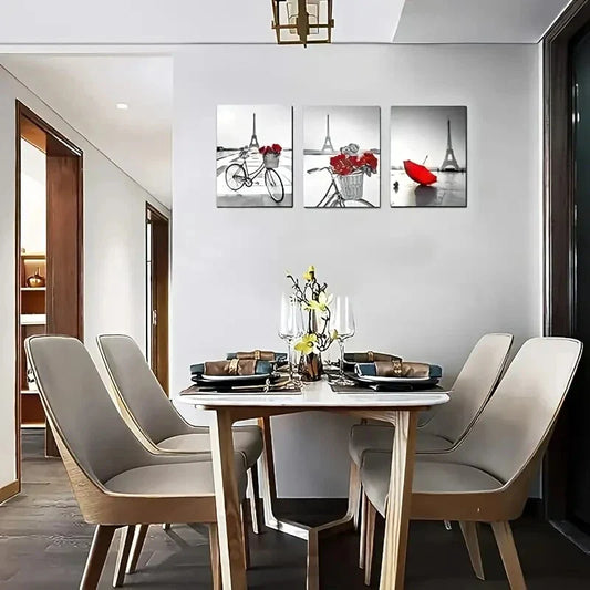 3pcs Featuring Red Flowers The Eiffel Tower Metal Print Ready to Hang Art