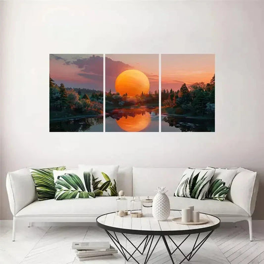 3pcs Vibrant Landscape with Serene Lake Metal Print Ready to Hang Art