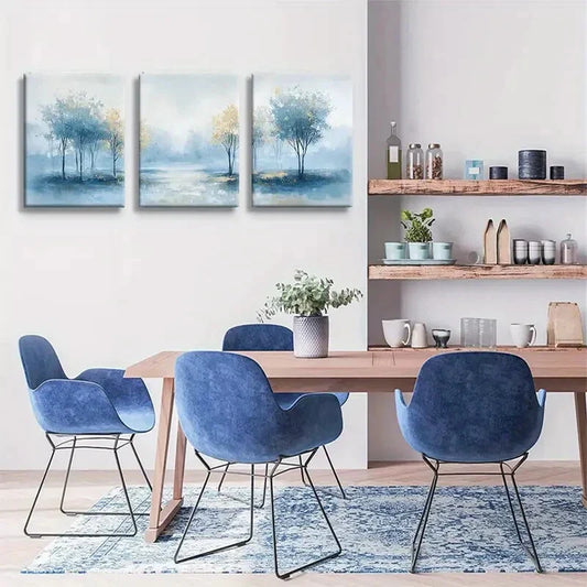 3pcs Serene Blue And Golden Tree Painting Metal Print Ready to Hang Art