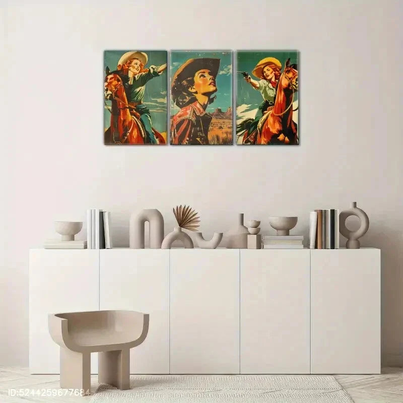 3pcs Cowgirl in Desert Scene Wild West Art Poster Metal Print Ready to Hang Art