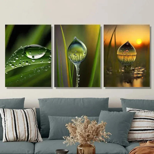 3pcs Beautiful Water, water drops on sunset Metal Print Ready to Hang Art