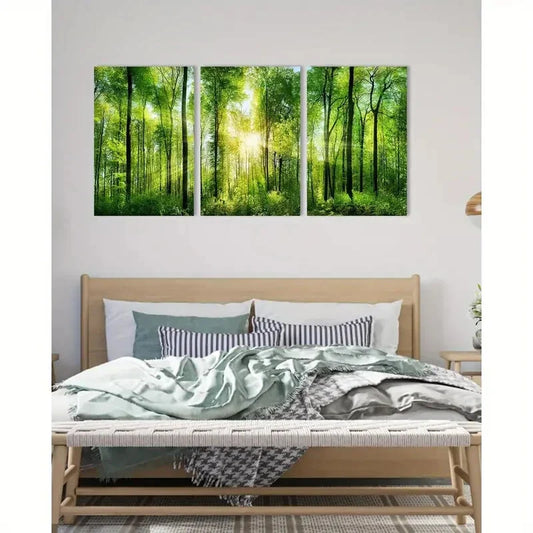 3pcs Green Tree Pictures Landscape Painting Metal Print Ready to Hang Art