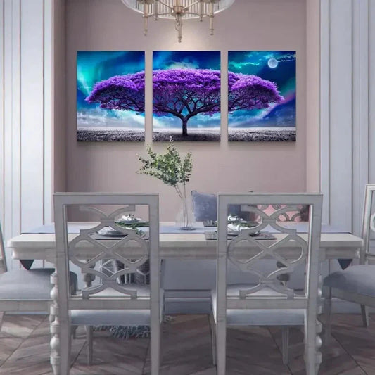3pcs Aurora Purple Tree Scenery Metal Print Ready to Hang Art