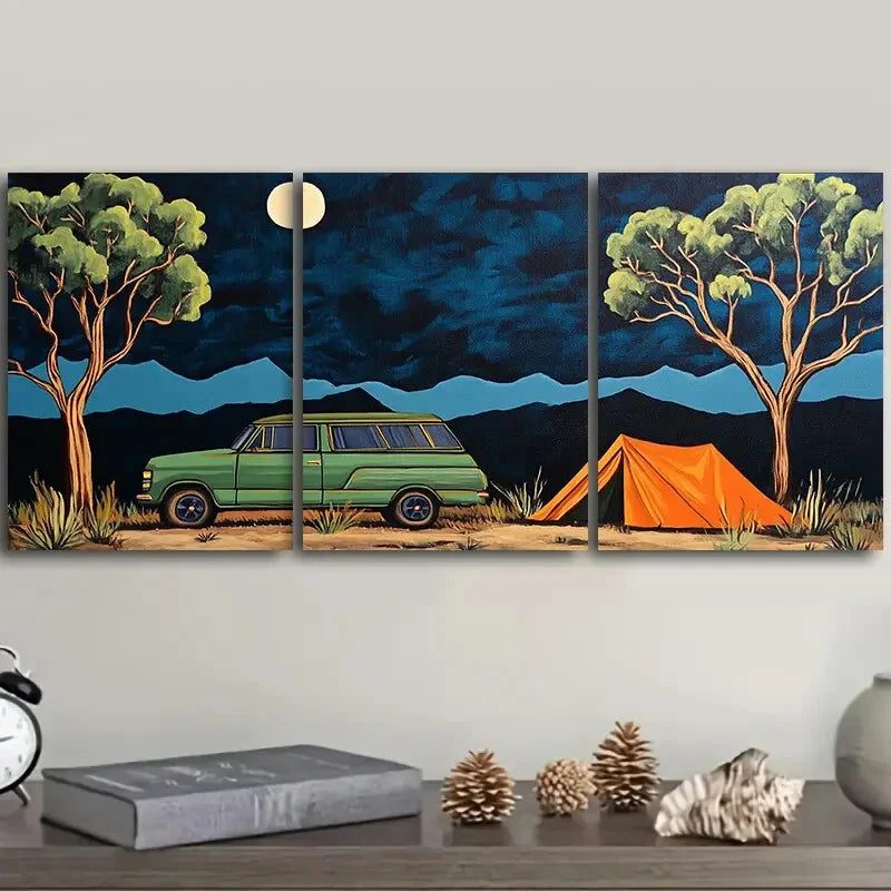 3pcs Green Station Wagon Art Painting Metal Print Ready to Hang Art