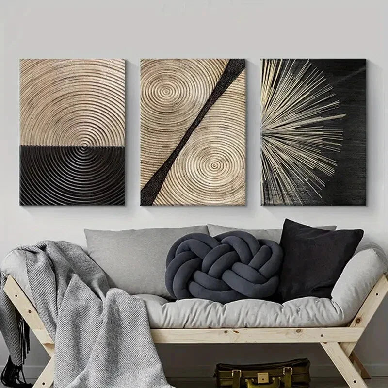 3pcs Abstract Vintage Black Golden Tree Ring Metal Print Ready to Hang Art