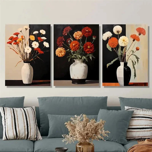 3pcs Vase, plants and flowers, modern Metal Print Ready to Hang Art